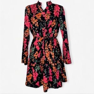 Black Floral Long-Sleeve Dress with Pink and Orange Blooms